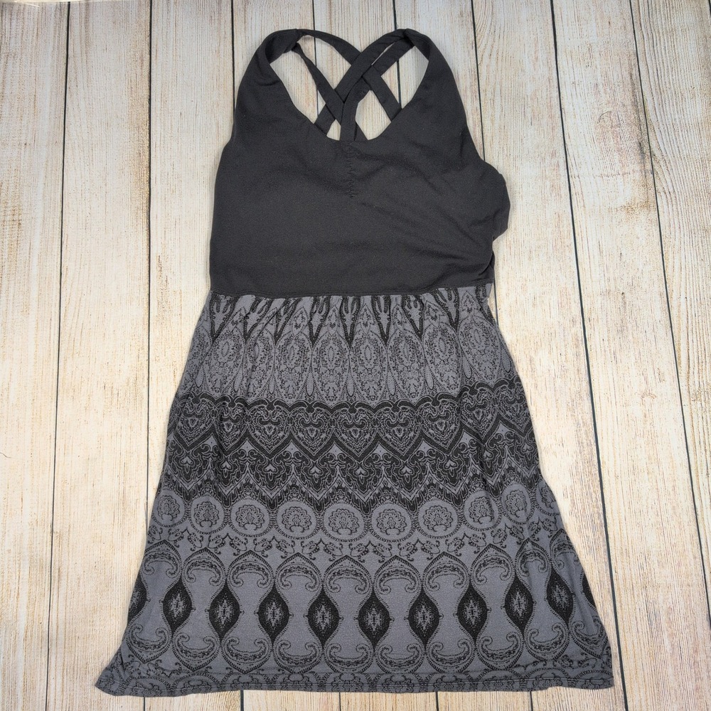Athleta Dress Criss Cross Back Paisley Print Casual Comfy Black‎ Gray Size S